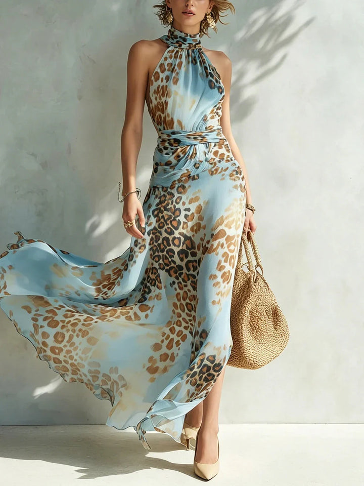Eloria - Abito lungo leopardato con scollo all'americana trasparente