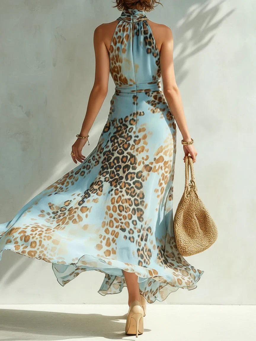 Eloria - Abito lungo leopardato con scollo all'americana trasparente