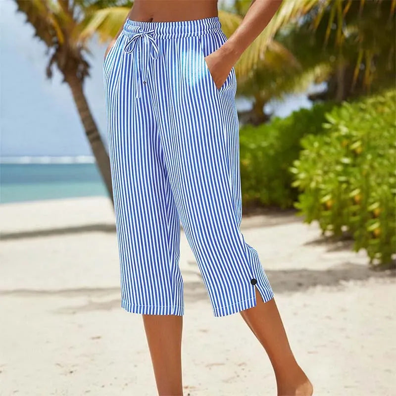 Roselina - Pantaloni capri a righe con coulisse in vita
