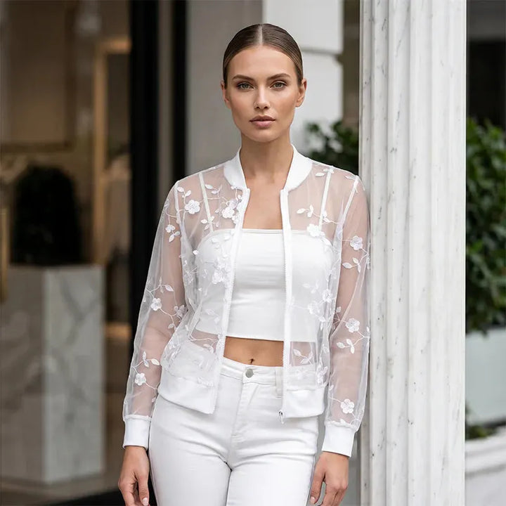 Aderisse - Cardigan con zip trasparente a motivo floreale