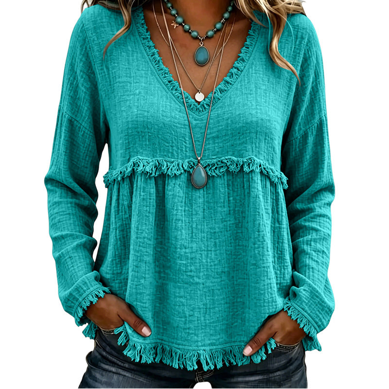 Ariselle - Blusa con frange e scollo a V