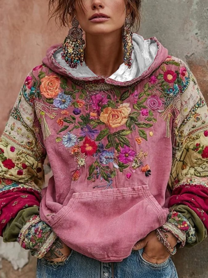 Norellia - Felpa boho ricamata con motivi floreali