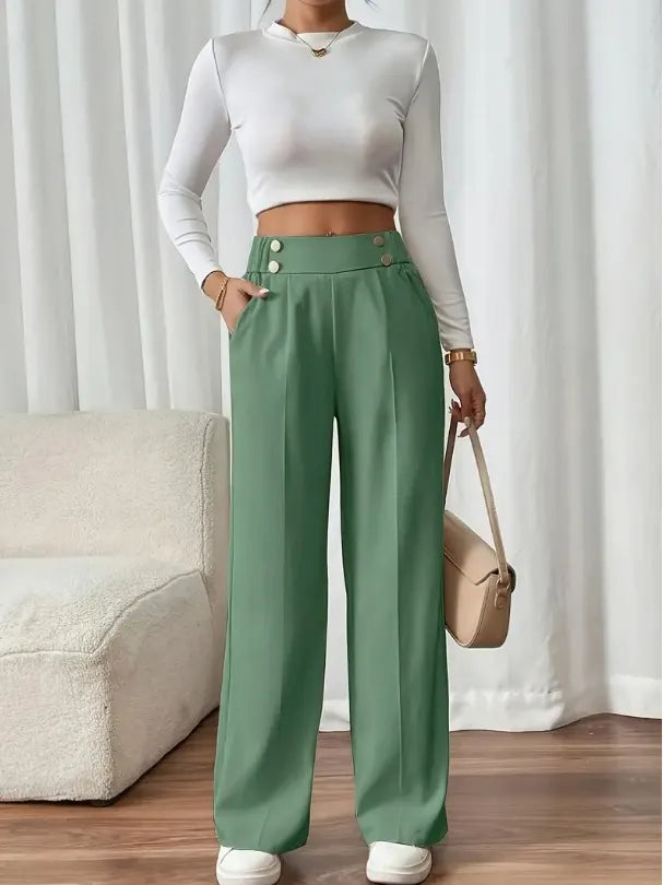 Ashlena - Pantaloni a gamba ampia a vita alta effetto soft touch