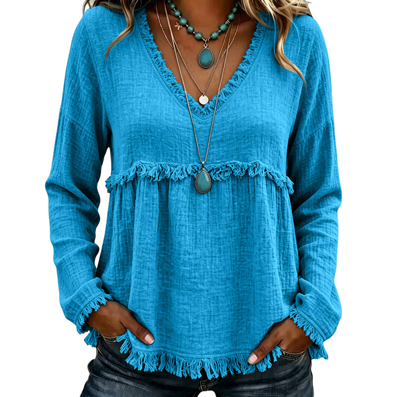 Ariselle - Blusa con frange e scollo a V