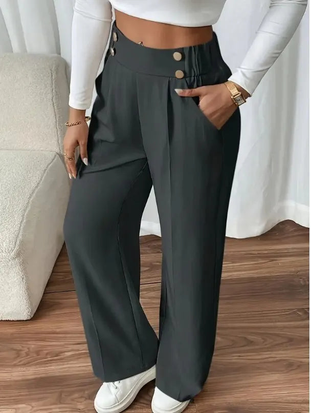 Ashlena - Pantaloni a gamba ampia a vita alta effetto soft touch