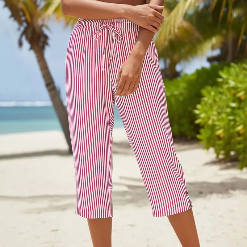 Roselina - Pantaloni capri a righe con coulisse in vita