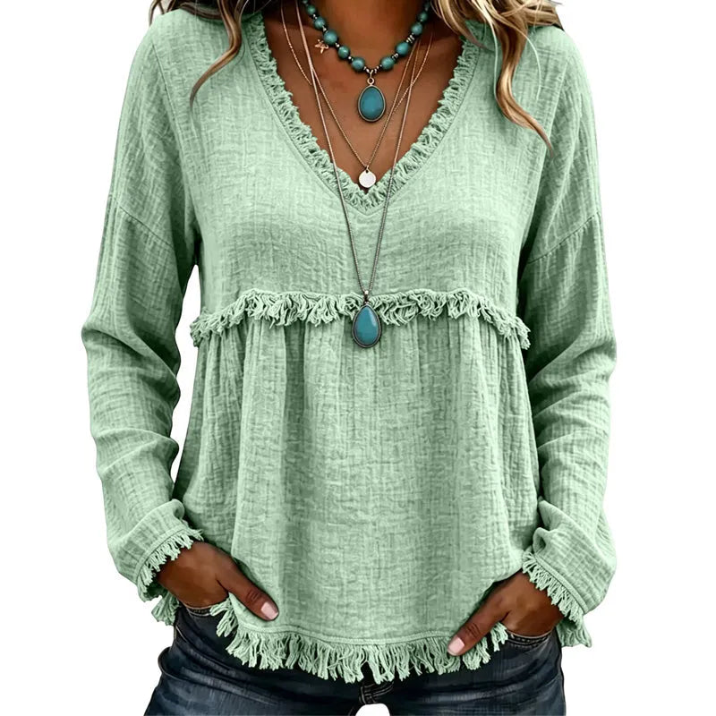 Ariselle - Blusa con frange e scollo a V