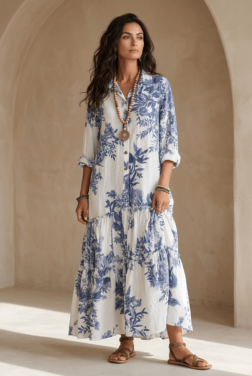 Thealise - Abito lungo floreale leggero con bottoni