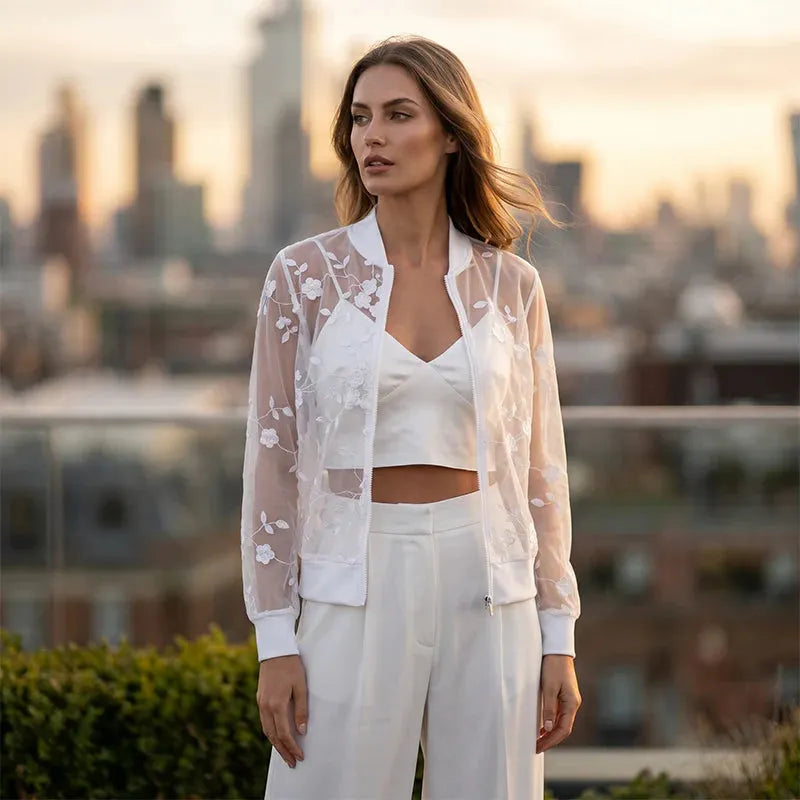 Aderisse - Cardigan con zip trasparente a motivo floreale