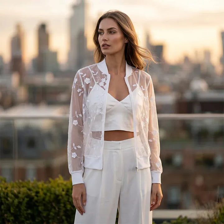 Aderisse - Cardigan con zip trasparente a motivo floreale