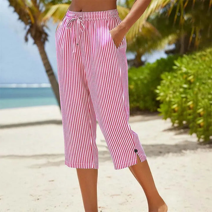 Roselina - Pantaloni capri a righe con coulisse in vita