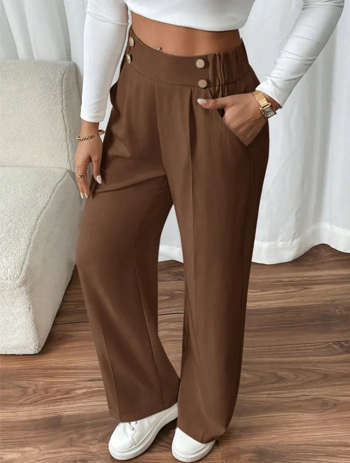 Ashlena - Pantaloni a gamba ampia a vita alta effetto soft touch