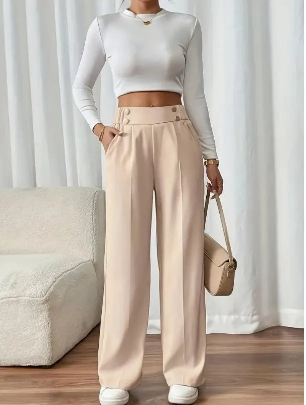 Ashlena - Pantaloni a gamba ampia a vita alta effetto soft touch
