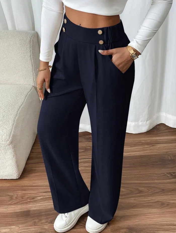 Ashlena - Pantaloni a gamba ampia a vita alta effetto soft touch