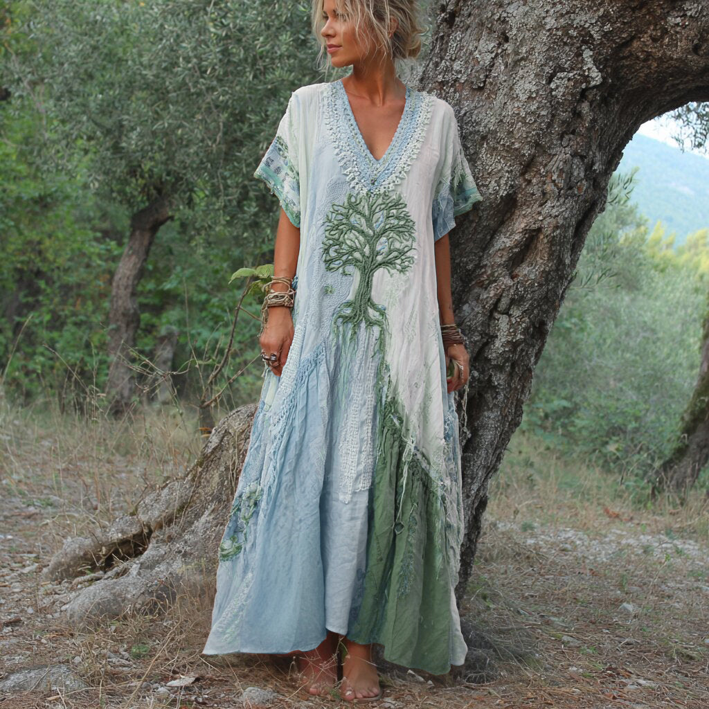 Carivienne - Abito lungo con stampa vintage di alberi