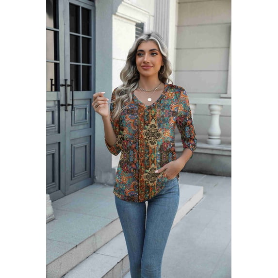 Arianwen - Blusa stampata con scollo a V effetto soft touch