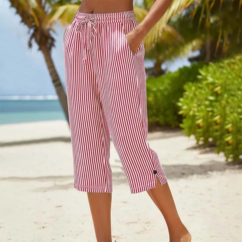 Roselina - Pantaloni capri a righe con coulisse in vita