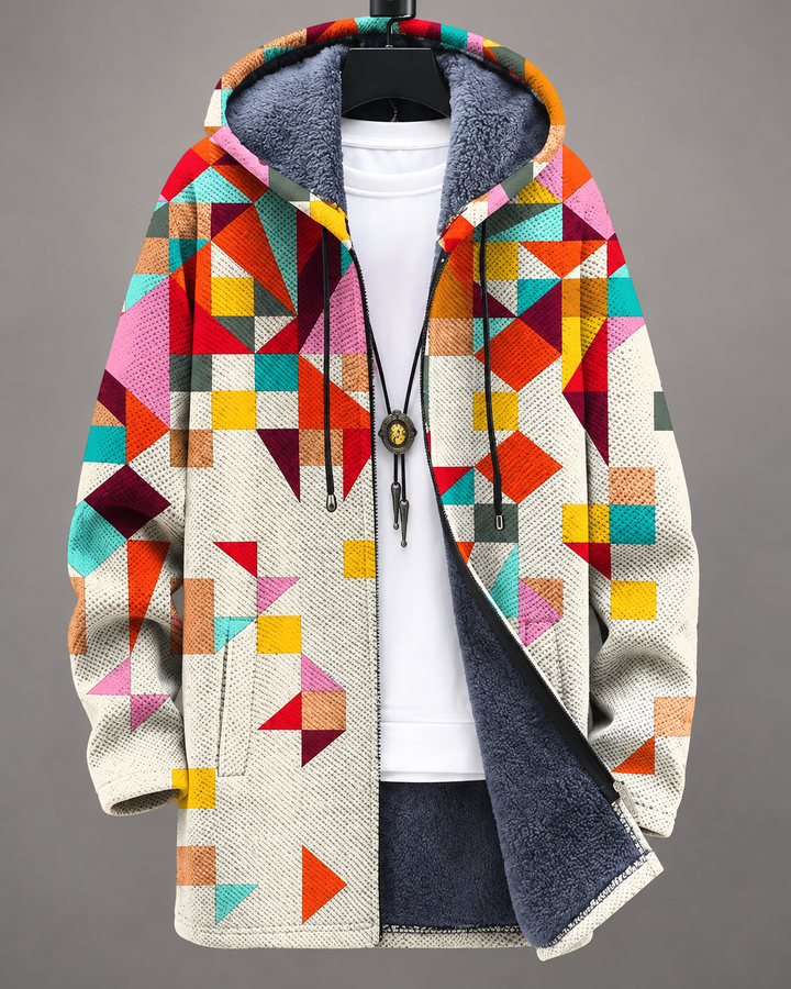 Betha - Giacca con cappuccio foderata in pile a motivo geometrico