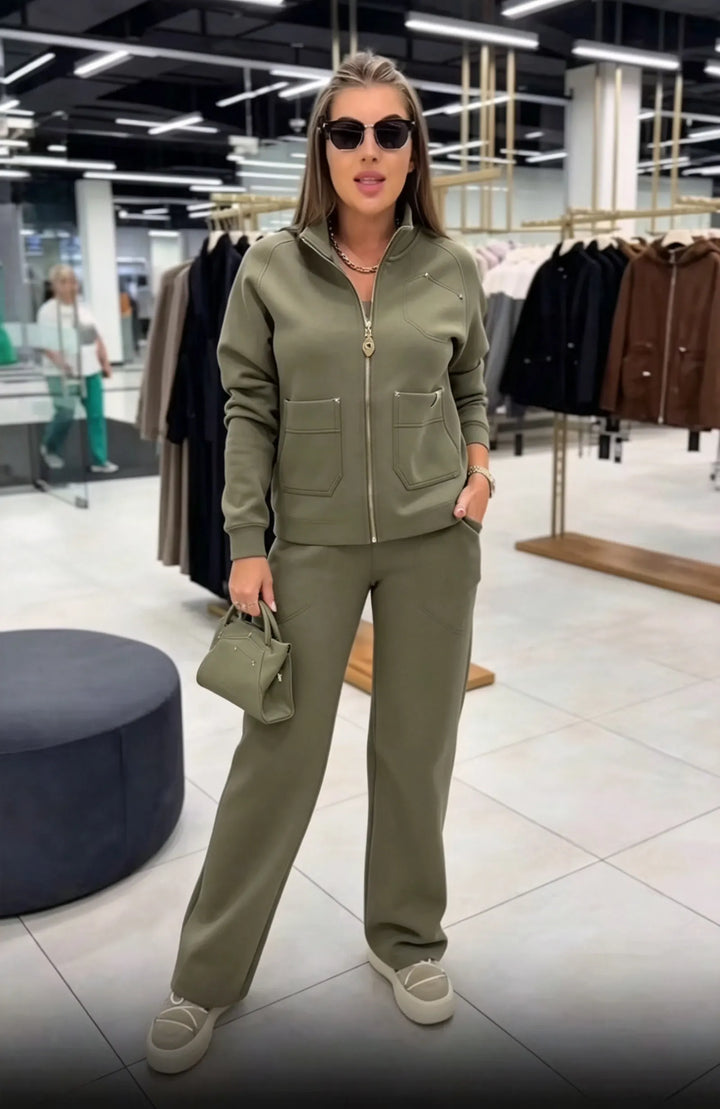 Floranique - Giacca corta con zip e pantaloni a gamba larga