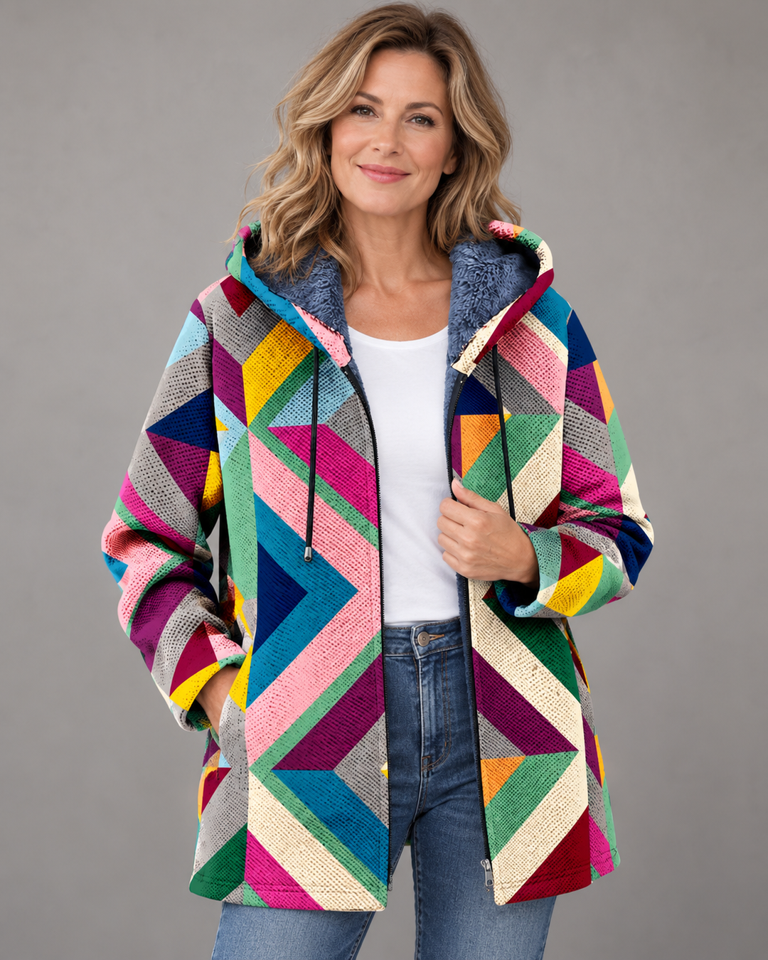 Betha - Giacca con cappuccio foderata in pile a motivo geometrico