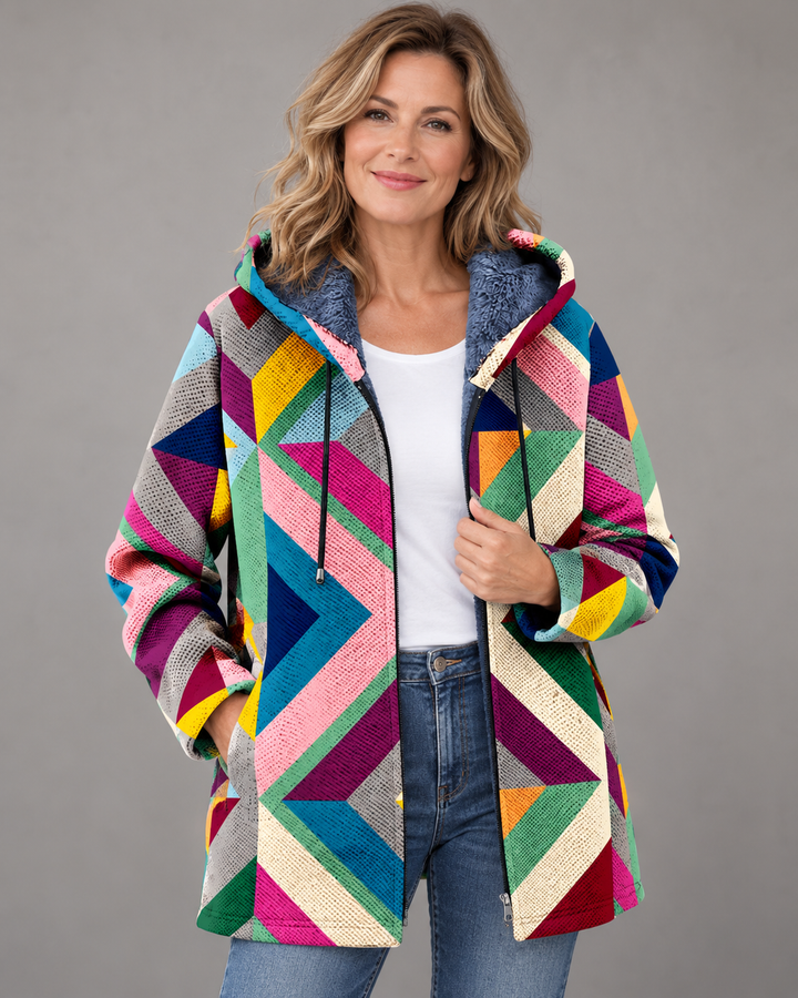 Betha - Giacca con cappuccio foderata in pile a motivo geometrico