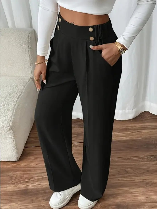 Ashlena - Pantaloni a gamba ampia a vita alta effetto soft touch