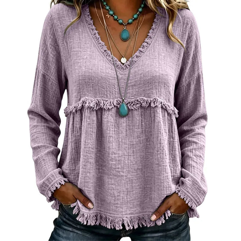 Ariselle - Blusa con frange e scollo a V