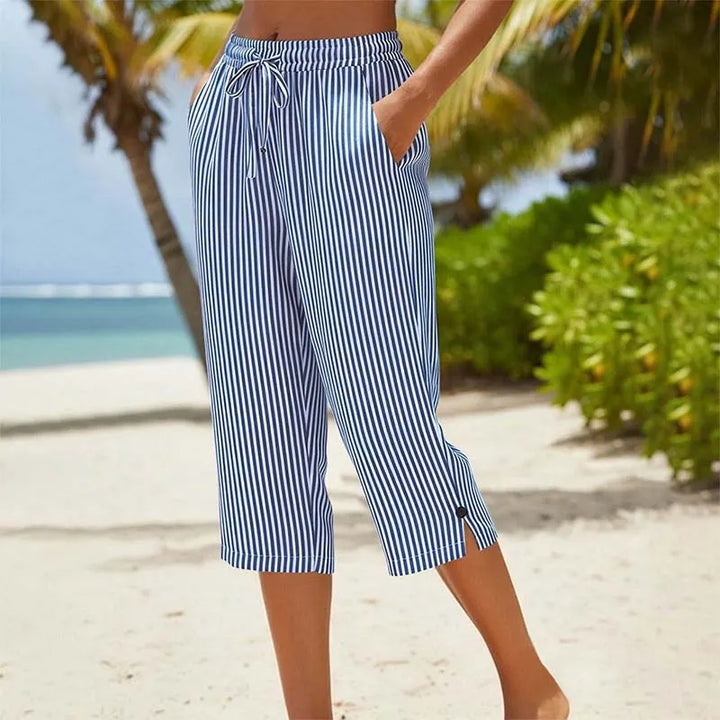 Roselina - Pantaloni capri a righe con coulisse in vita