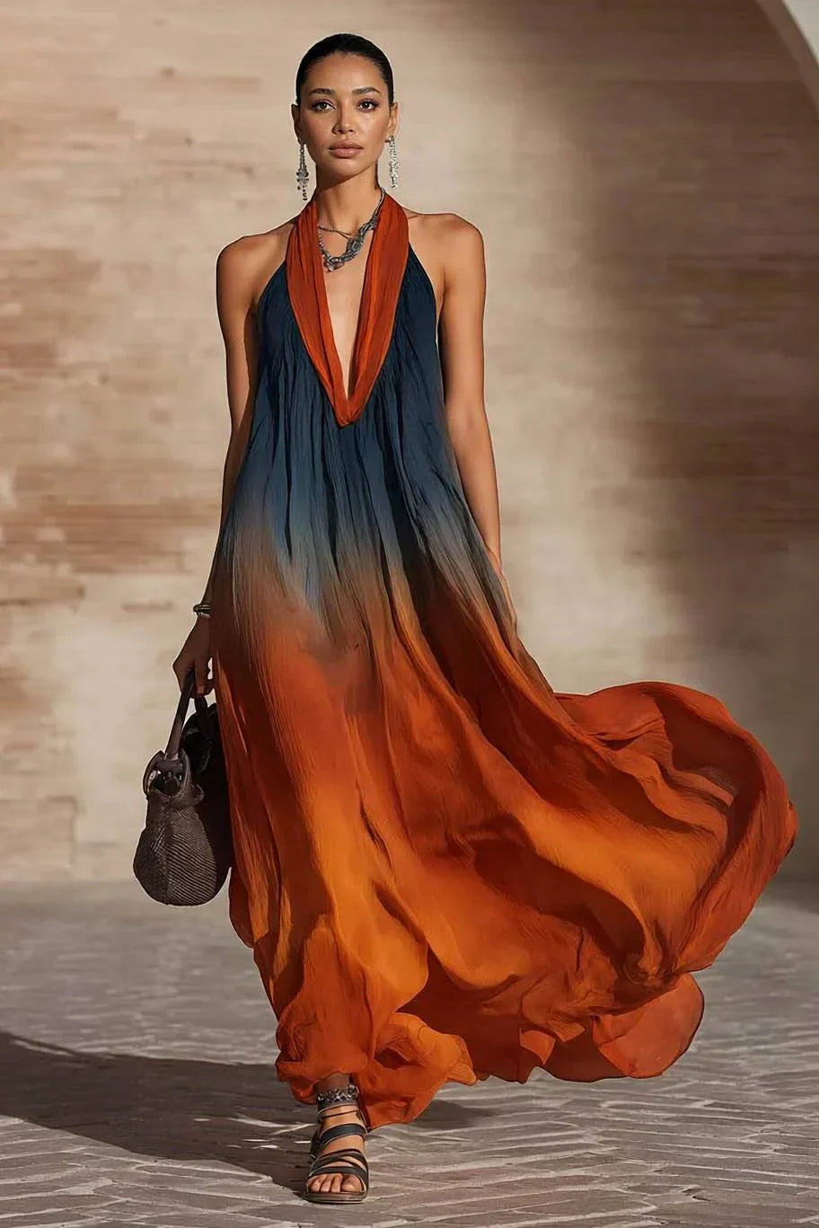 Calissa - Abito lungo con scollo all’americana, morbido al tatto