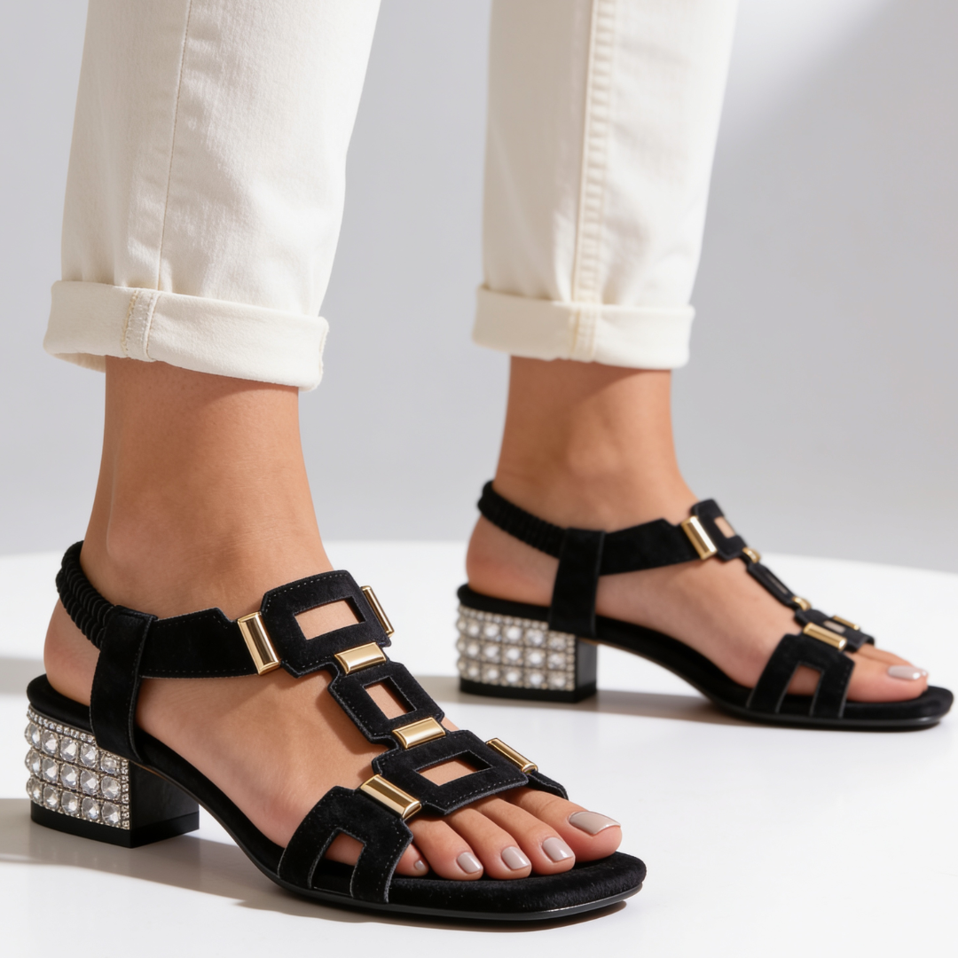 Marcella - Sandali slingback con tacco a blocco e decorazioni in cristallo