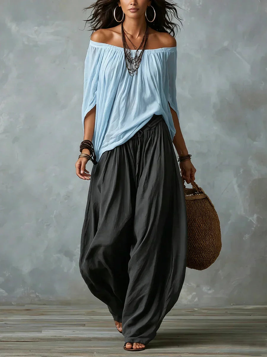 Ottavia - Coordinato con top boho con scollo Bardot e pantaloni harem