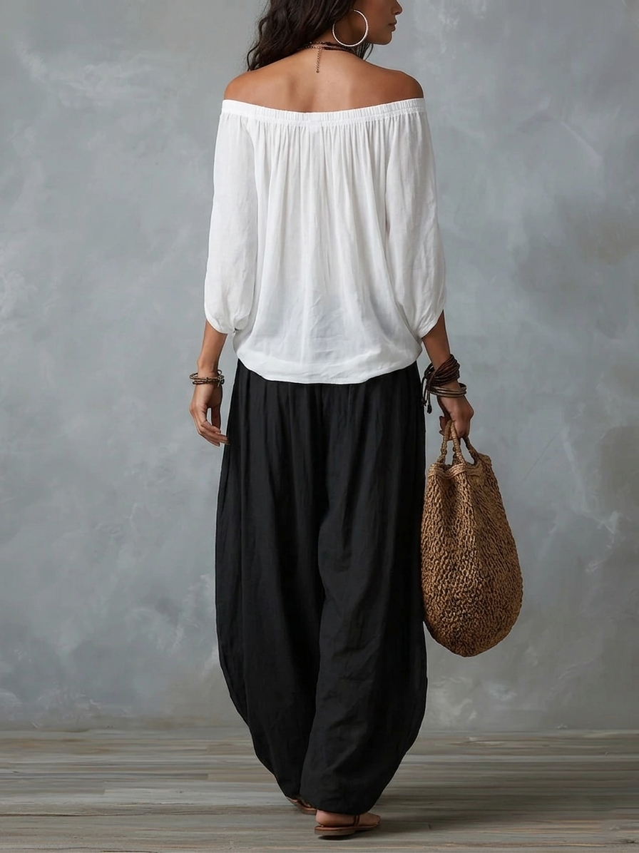 Beatha - Set coordinato fluido con scollo Bardot