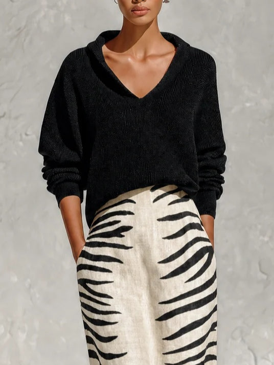 Aelyra - Maglione in maglia morbida & coordinato con gonna midi in lino a stampa zebrata