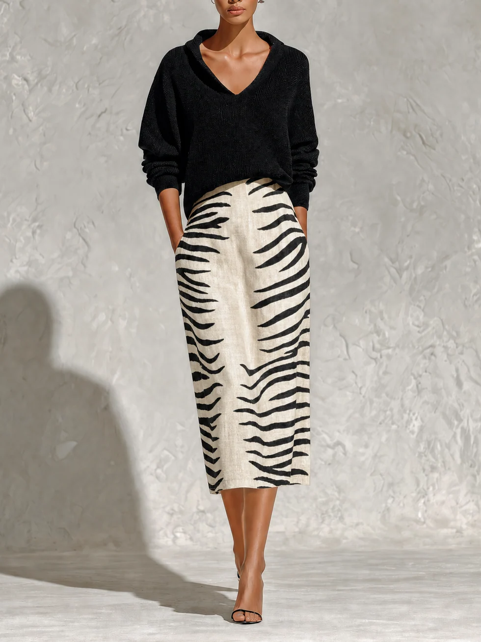 Aelyra - Maglione in maglia morbida & coordinato con gonna midi in lino a stampa zebrata