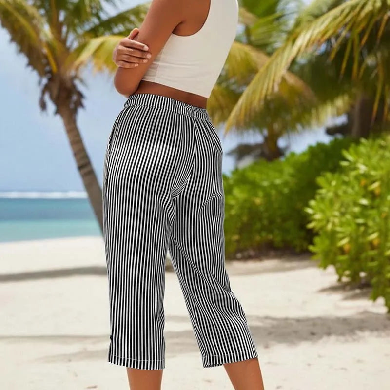 Roselina - Pantaloni capri a righe con coulisse in vita