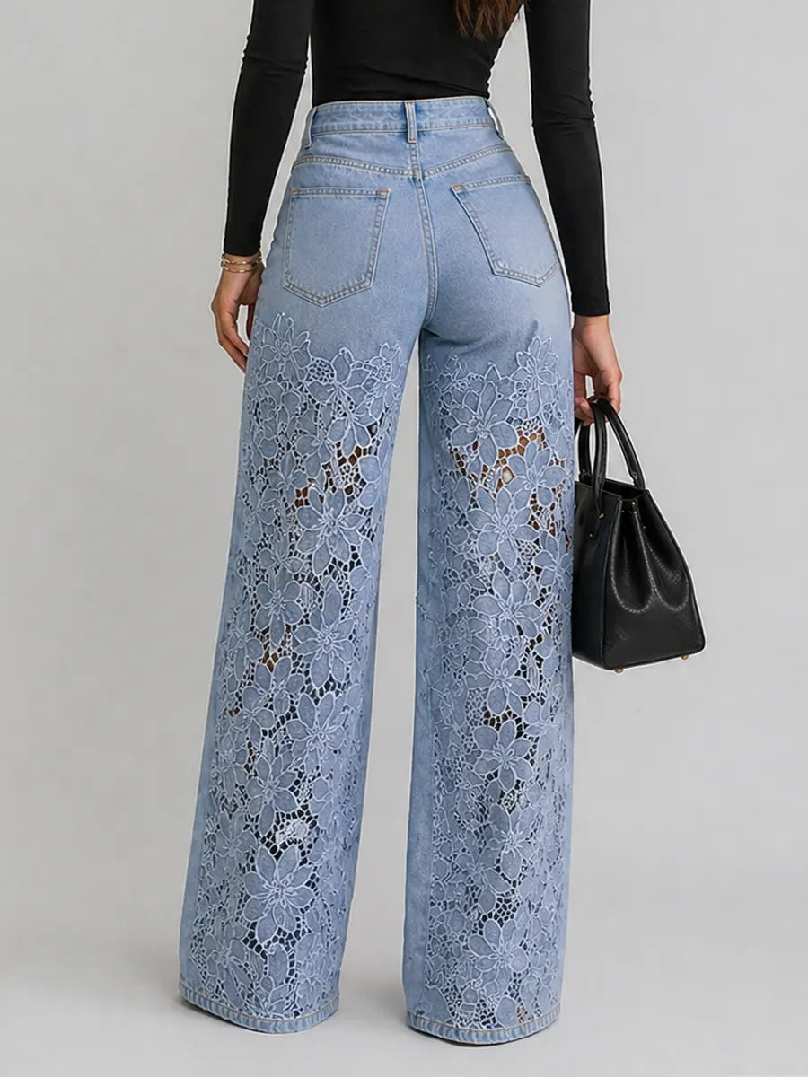 Kaliora - Jeans a gamba larga in pizzo floreale