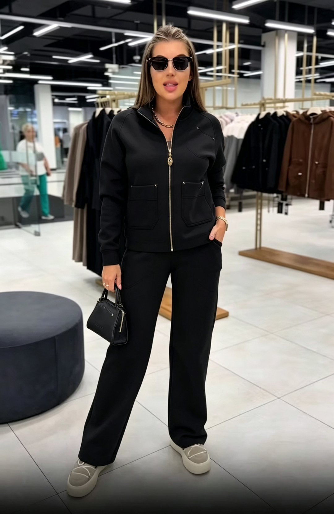 Floranique - Giacca corta con zip e pantaloni a gamba larga
