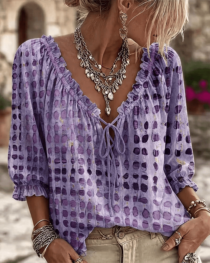 Araminta - Blusa in tessuto morbido con scollo a V e laccetti