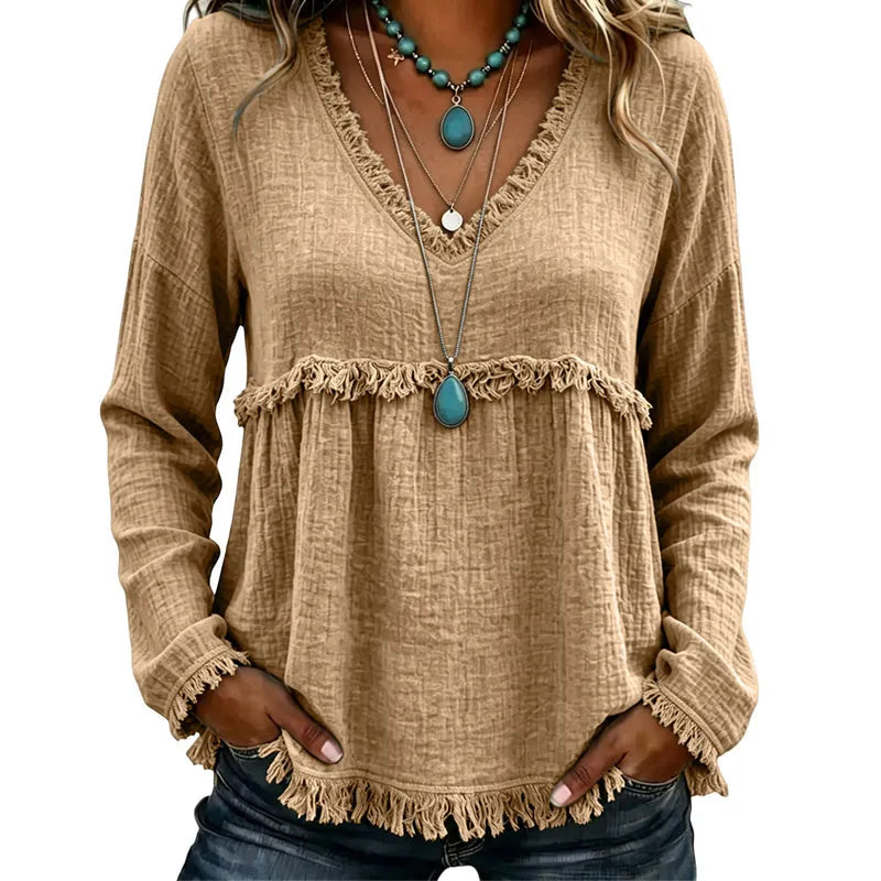 Ariselle - Blusa con frange e scollo a V