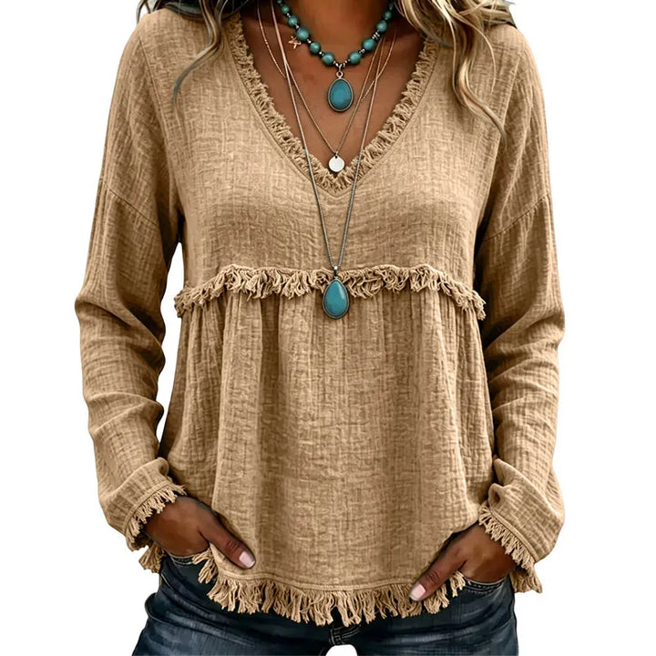 Ariselle - Blusa con frange e scollo a V