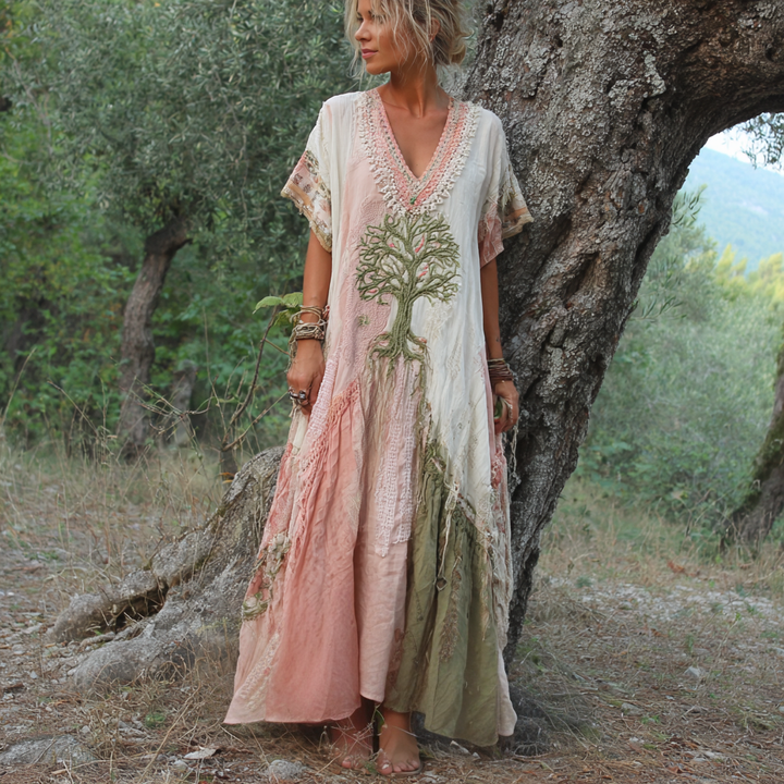 Carivienne - Abito lungo con stampa vintage di alberi