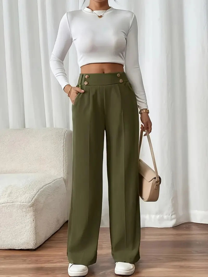 Ashlena - Pantaloni a gamba ampia a vita alta effetto soft touch