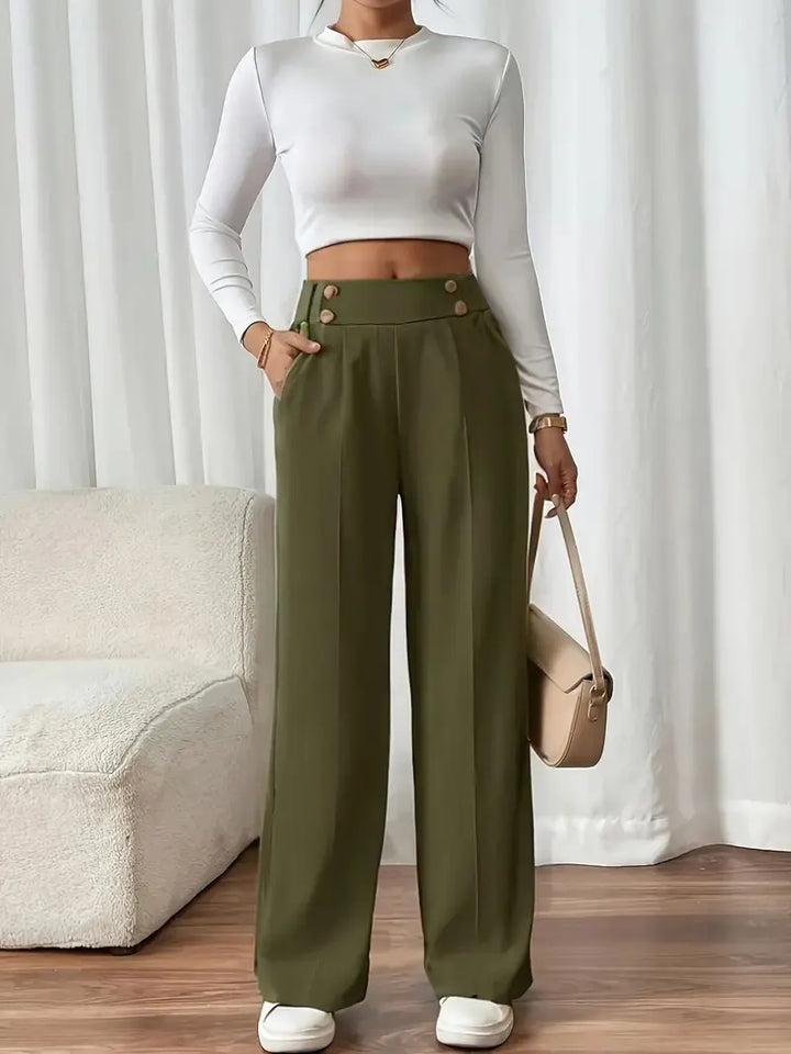Ashlena - Pantaloni a gamba ampia a vita alta effetto soft touch
