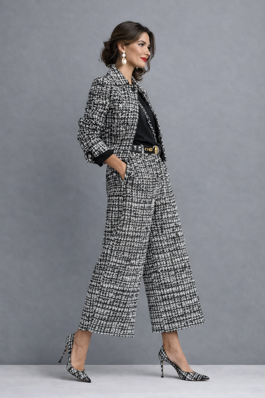 Norabel - Coordinato con giacca corta testurizzata e pantaloni a gamba larga