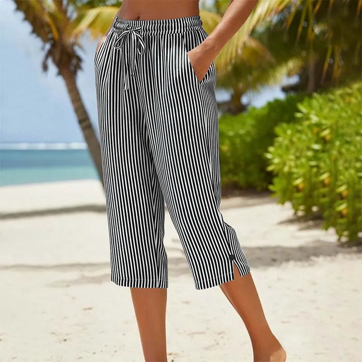 Roselina - Pantaloni capri a righe con coulisse in vita