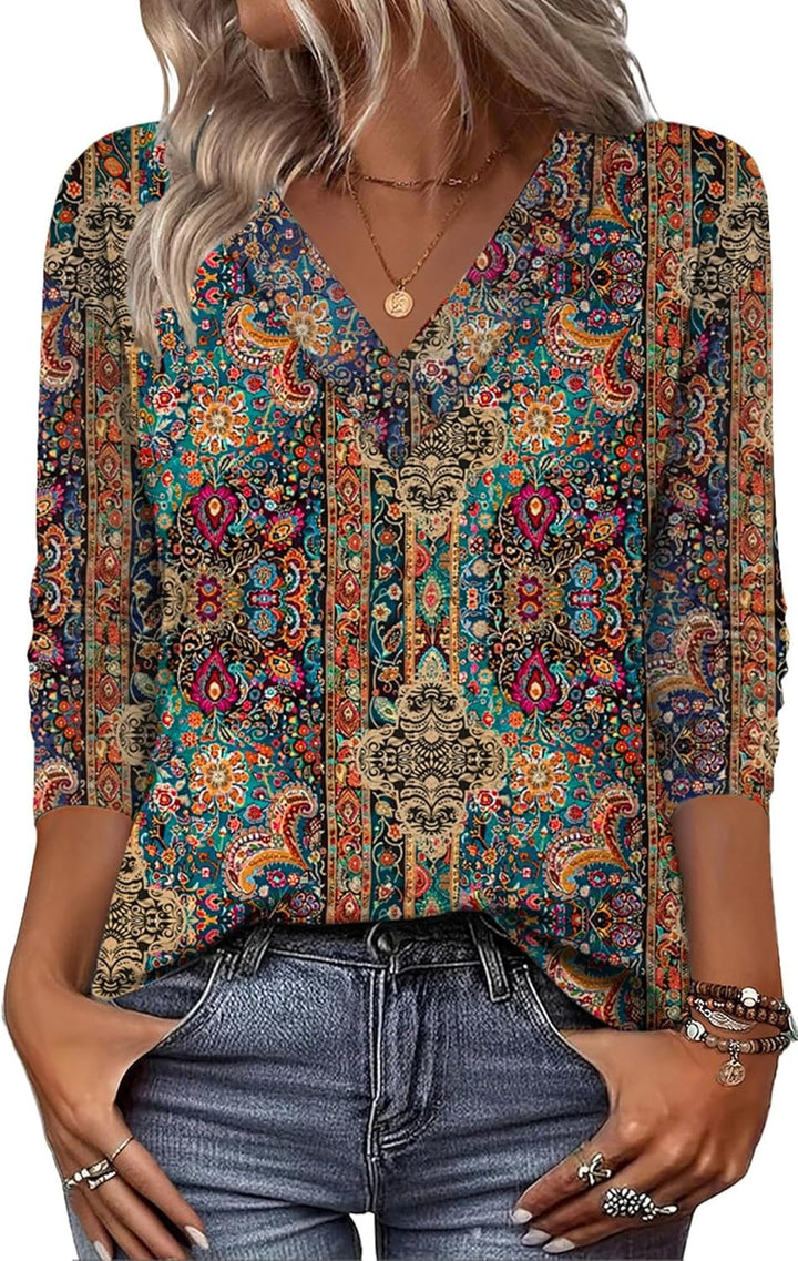 Arianwen - Blusa stampata con scollo a V effetto soft touch