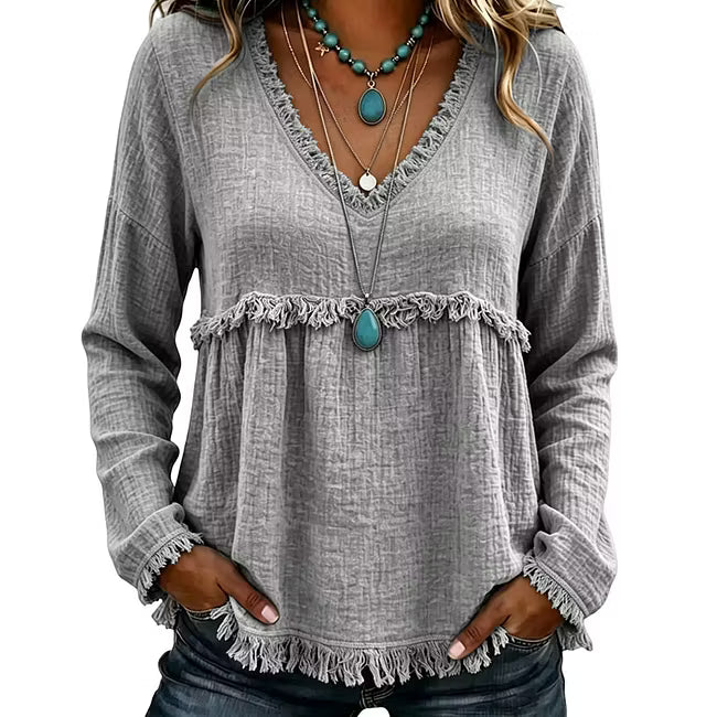 Ariselle - Blusa con frange e scollo a V