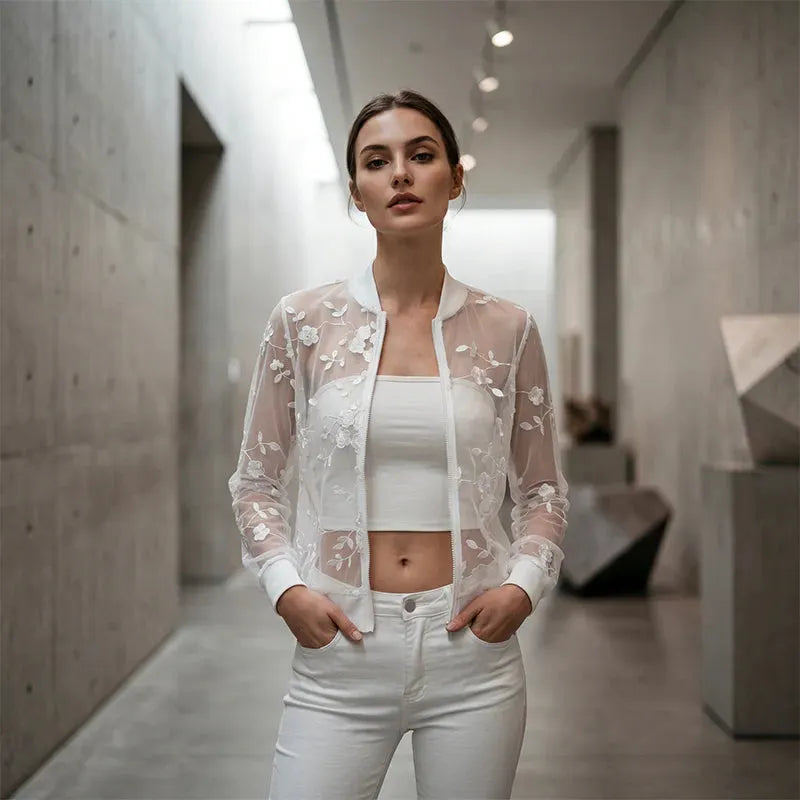 Aderisse - Cardigan con zip trasparente a motivo floreale