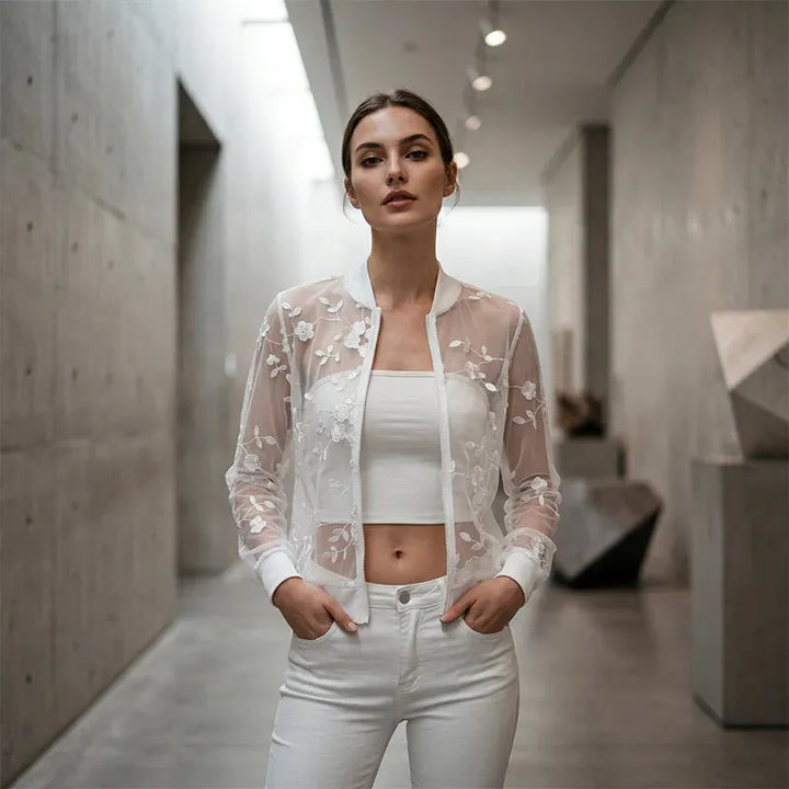 Aderisse - Cardigan con zip trasparente a motivo floreale