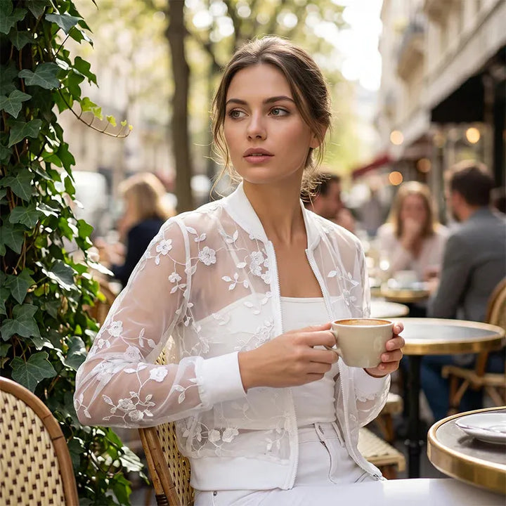 Aderisse - Cardigan con zip trasparente a motivo floreale